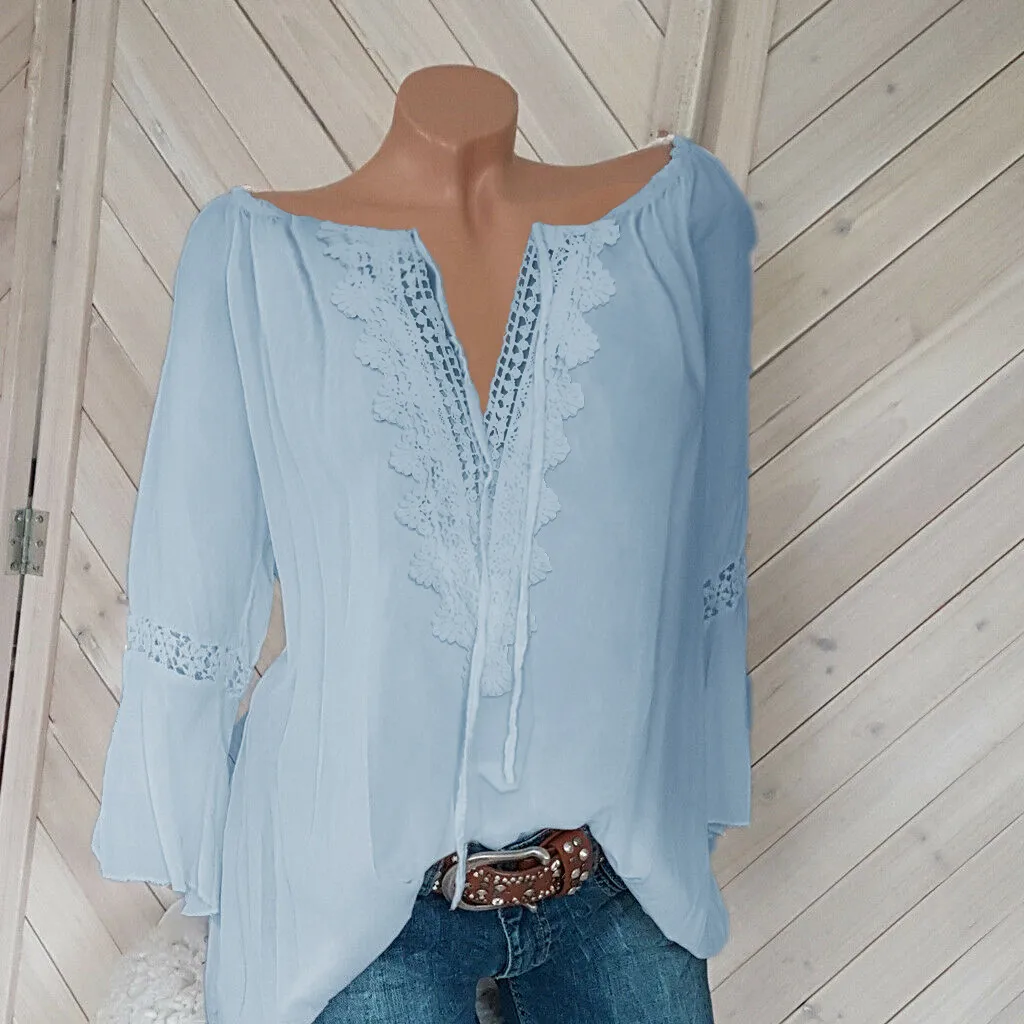 

Women Plus Size Summer Dress Loose Print V-neck Solid Lace Blouse Pullover Top Shirt womens tops and blouses camisas mujer S-5XL