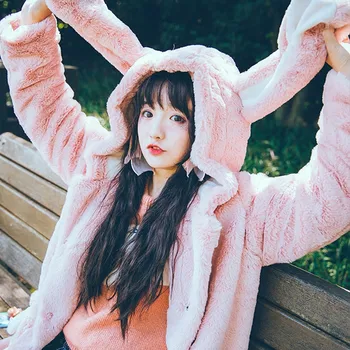 

New Women Winter Cartoon Coats Japanese Flannel Kawaii Sweet Bunny Long Ears Hooded Pink Hoodies Soft Sister Girls Cute Overcoat