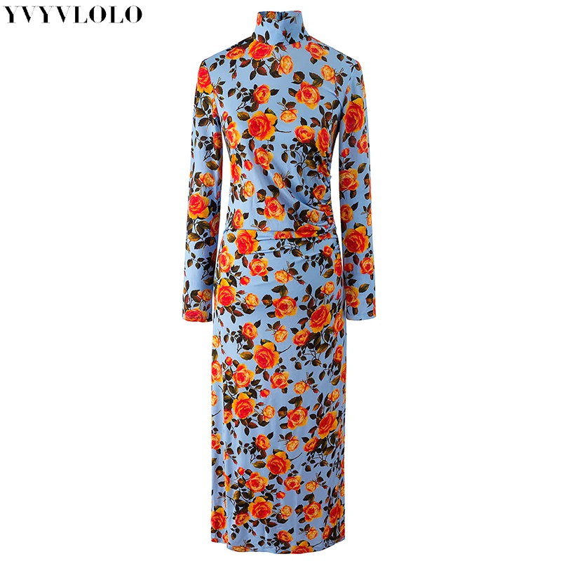 

YVYVLOLO floral maxi dress women summer 2017 long sleeve dress Women bodycon Small collar vintage Elegant Dress party dresses