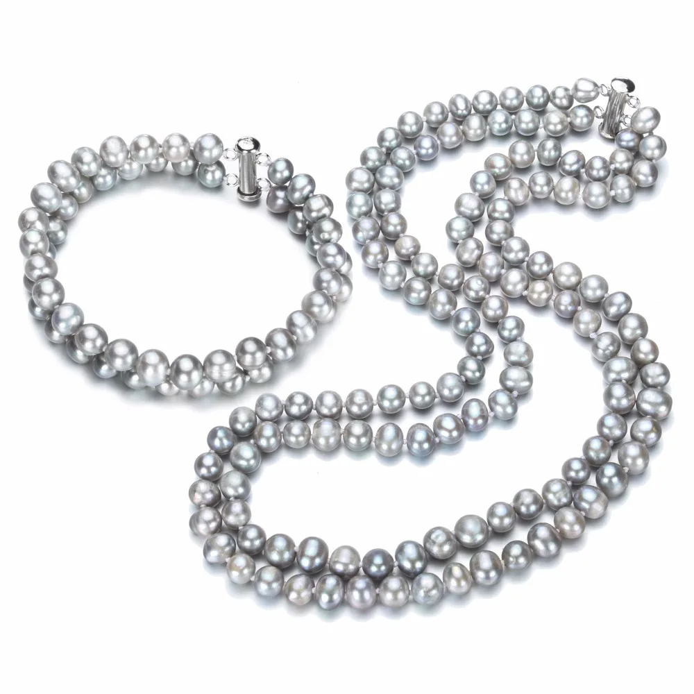 

SNH latest pearl necklace & Bracelet set 7mm AA gery color potato natural cultured freshwater pearl jewelry set for women