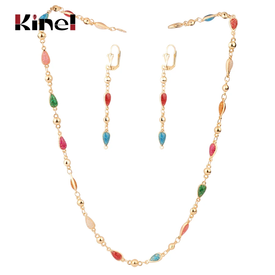 Kinel Colorful Enamel Woman Jewelry Set Fashion Dubai Gold Drop Earrings Necklace Bracelet Vintage Wedding Jewelry Wholesale