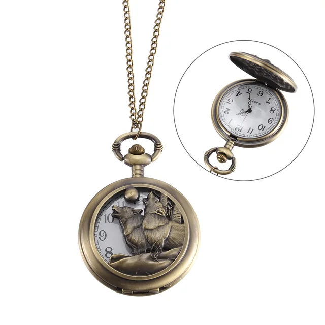 Vintage Pocket Watch Bronze Color Quartz Watch Cool Chain Hollow Wolf Cover Watc Vintage Pocket Watch Bronze Color Quartz Watch Cool Chain Hollow Wolf Cover Watc
