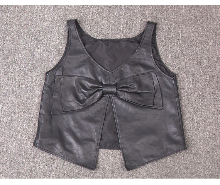 Кожаный жилет осень мода овчины жилет из натуральной кожи Sexy back V шеи Кожа бантом вентилируемый ассиметричный жилет