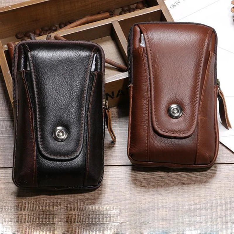 

Cow genuine leather vintage men belt bag minimalist phone waterproof Large Capacity double zipper waist pack 2019 money wallet
