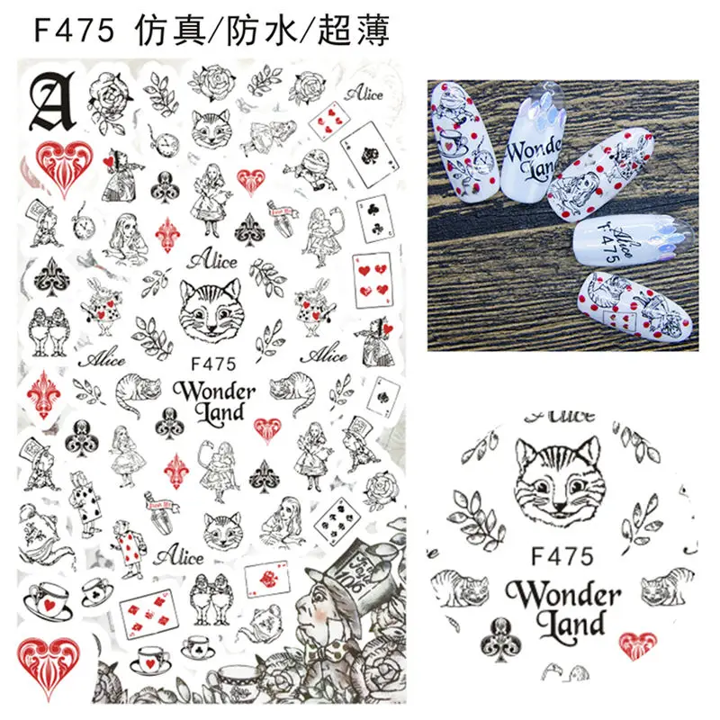 

1 Sheet Line Drawing Designs Cat Rose Flowers Lady Alice in Wonder Land Self-adhesive Nail Art Stickers Decorations F47X