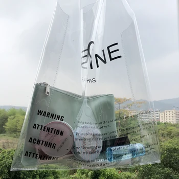 

2018 new fashion luxury brand logo clear pvc women handbags shoulder bags Large transparent plastic beach bags 2PCS wholesale