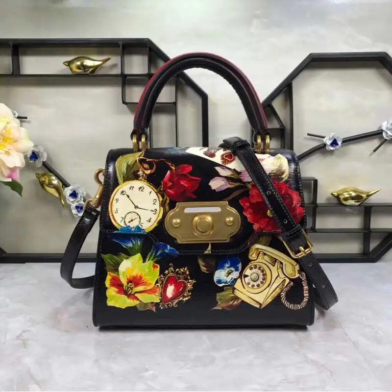 

New European and American Peony Flower Printing Lady's Lock Handbag, Retro Clock Printing, Single Shoulder Skew Pack, 2019