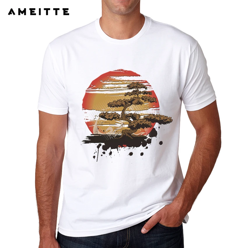 Retro Bonsai Printed T Shirt Men's Personalized Custom White Printed T