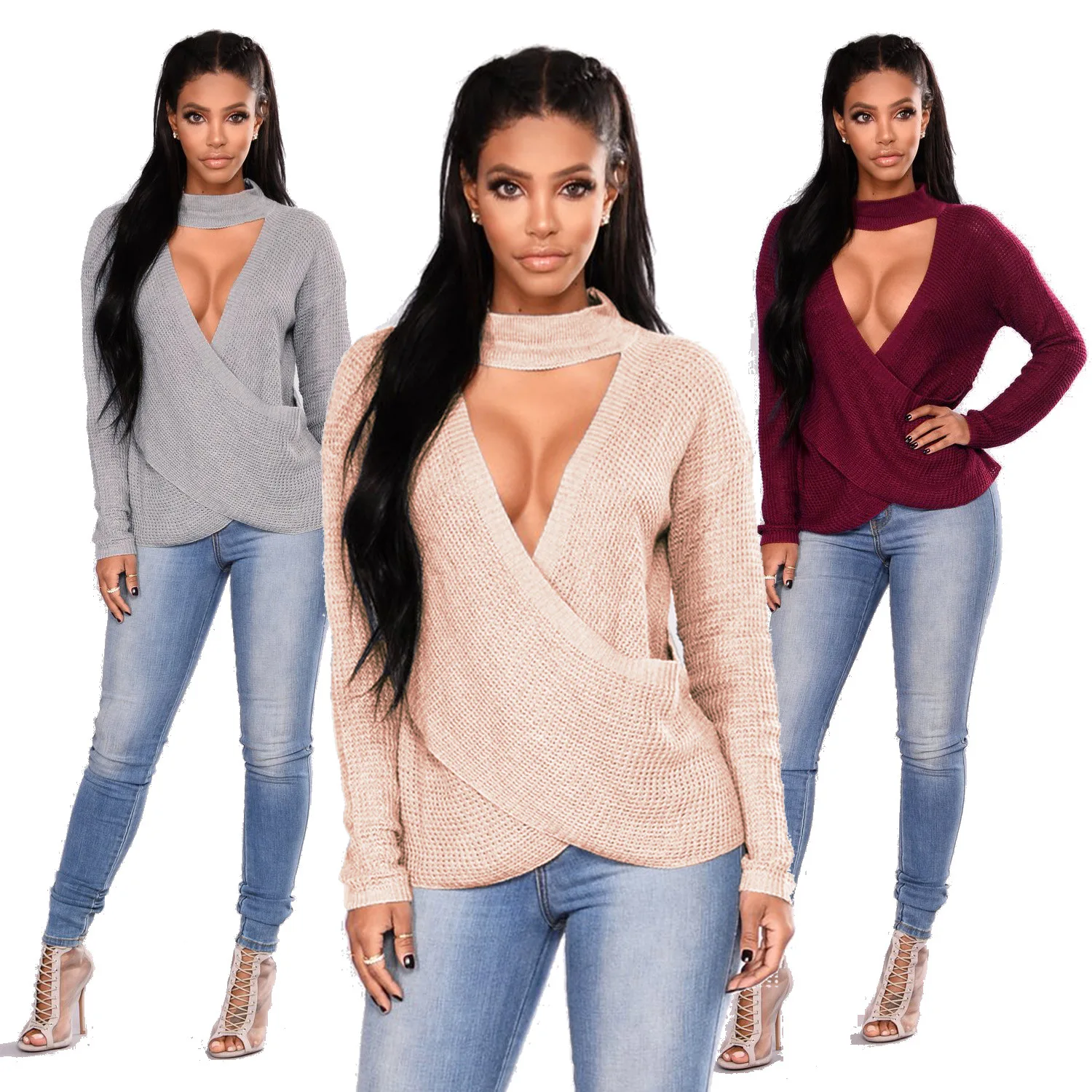 women cardigan sexy sweater cross-chest long-sleeved lady's V neck turtleneck solid sweater with scarf winter evening wear Sweaters
