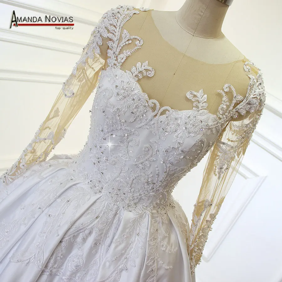 

Stunning Full Hand Sew Beading Long Sleeves Satin Long Train Wedding Dresses