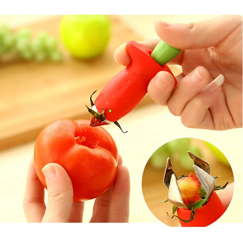 

1PCS Creative Strawberry Hullers Fruit Leaf Remover Metal Tomato Stalks Cherry Pitter Plastic Knife Stem Remover Kitchen Gadgets