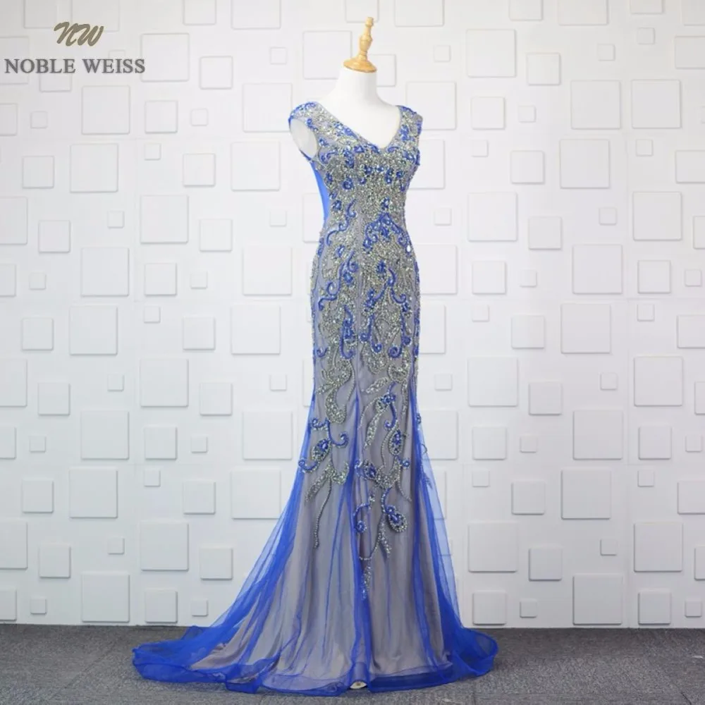 

NOBLE WEISS Champagne Prom Dresses V-Neck Vestido De Festa Luxury Beading Mermaid Dress Evening Wear Girls Party Gowns