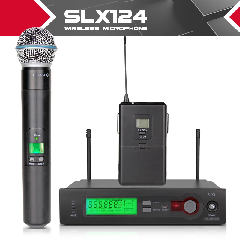 Prix pour UHF PRO Sans Fil Système de Microphone + De Poche + Revers + casque Mic SLX124/SLX1/BETA58 pour la Scène Karaoké DJ Prix pour UHF PRO Sans Fil Système de Microphone + De Poche + Revers + casque Mic SLX124/SLX1/BETA58 pour la Scène Karaoké DJ