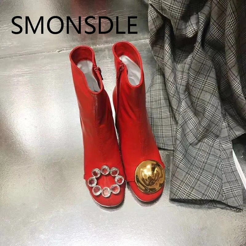 

2018 New White Red Real Leather Round Toe Women Summer Spring Boots Comfortable Round Heel Women Motorcycle Boots Shoes