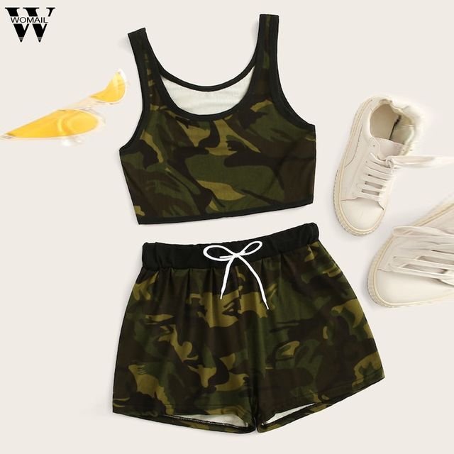 Womail tracksuit Women NEW summer 2PCS Sleeveless Solid Tank Top Shorts sport Drawstring Waist Set fashion 2019  A15