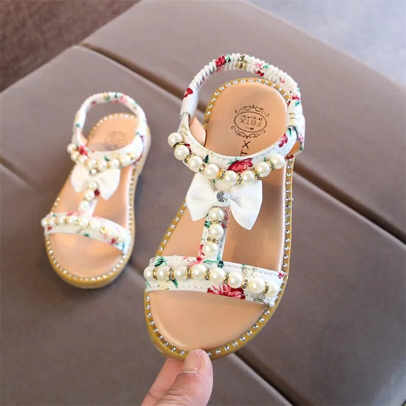 MHYONS/детские сандалии для девочек бантом украшение из жемчуга с украшением в виде кристаллов римские сандалии туфли принцессы Детские пляжная обувь; сезон лето удобная обувь - Цвет: F168-White