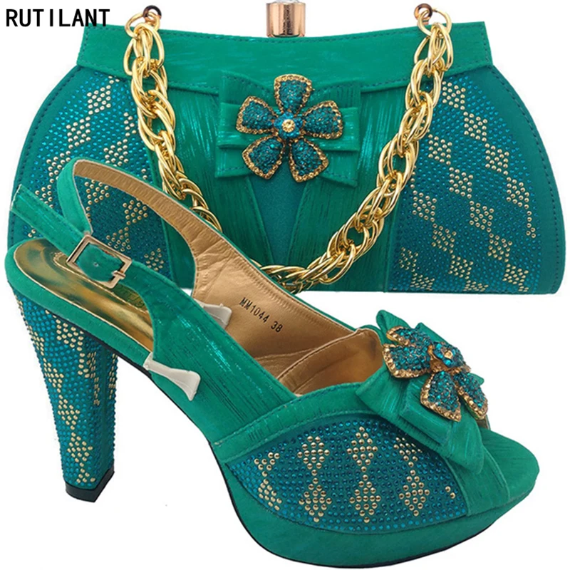 

New Arrival Teal African Women Italian Shoe and Bag Set Decorated with Appliques African Shoes and Bag Set for Party In Women