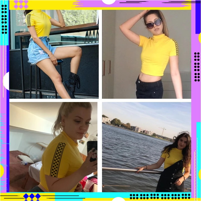 ROMWE футболка в клетку с воротником-стойкой, шикарная желтая Гламурная футболка со стоячим воротником и коротким рукавом, женская модная футболка