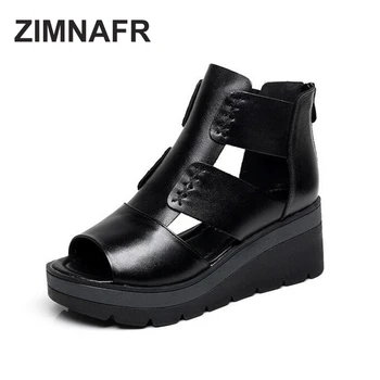

ZIMNAFR BRAND 2017 NEW SUMMER WOMEN SANDALS BLACK THICK BOTTOM COMFORTALE GENUINE LEATHER WOMEN PLATFORM SANDALS