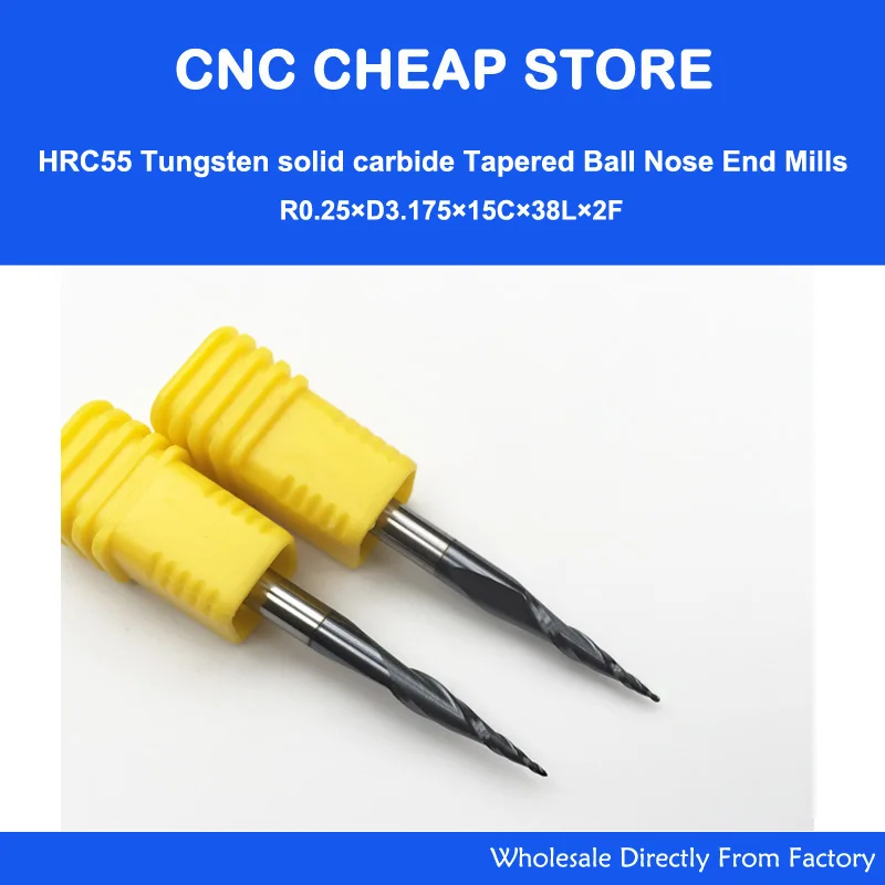  2pcs R0.25/R0.5/R0.75/R1 HRC55 Taper Ball Nose End Mill Tapered cone milling cutter CNC woodworking