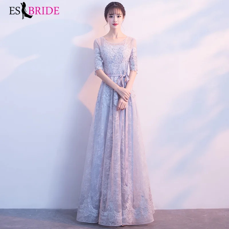 

Long Evening Gowns 2019 New Arrival Elegant A-Line Fashion Casual Lace Dress Party Formal with Sleeve Robe De Soiree ES1391
