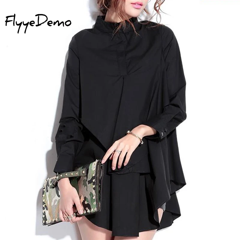 

Plus Size Women Blouses Black Shirts Long Sleeve 2019 Fashion Autumn Winter Stand Collar Shirts Women Solid Color Womens Tops