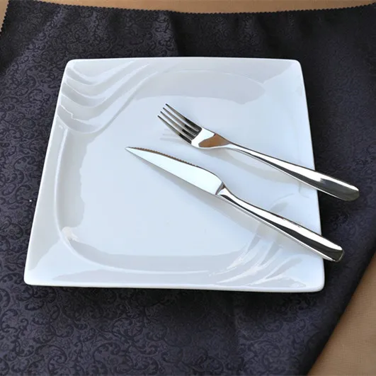 

Square Embossed Ceramic Serving Dish Dining Table Porcelain Flat Plate China Tableware and Dishware for Beef Steak and Noodle