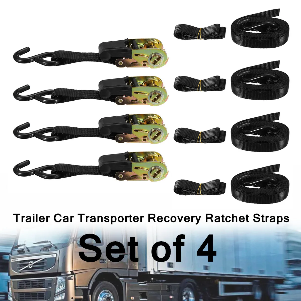 

4 x Trailer Car Transporter Recovery Ratchet Straps Black Set of 4 Fully Adjustable Fit Vehicle Transporter 3m 0.8 Ton Tighten