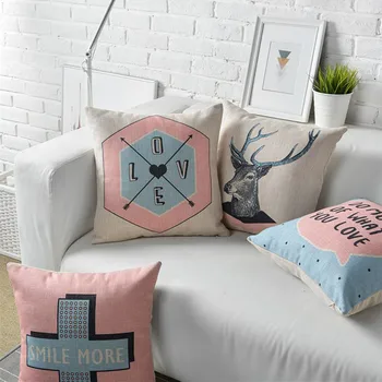 

Pink Nordic Deer Cross Linen Cotton Pillow Cover Smile More Home Decor Cushions Cover Decorative Throw Pillows Pillowcase