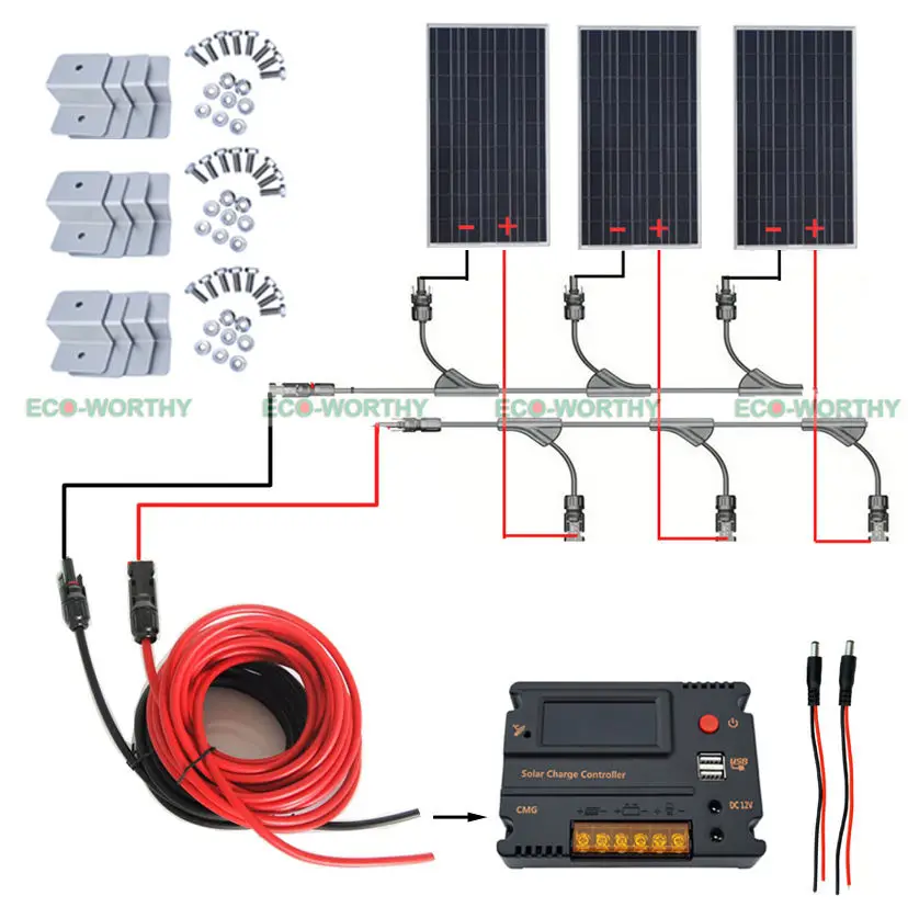 300W 12V Off Grid Solar Panel System W/ Temperature Controller for Yacht Home RV Solar Generators