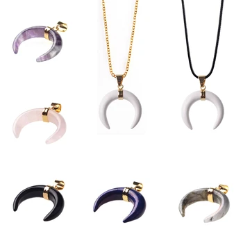 Natural Stone Horn Necklace Pendant Unique Fashion Crescent Moon Pendants Pave Zircon  Rhinestone Crystal Beads Finding Jewelry
