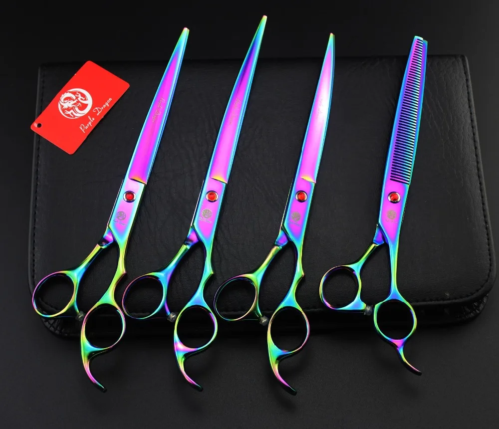 

Purple Dragon Professional Pet Grooming Scissors 8 inch, Cutting +2 curved + Thinning Scissors 4 PCS Set For Dog Grooming