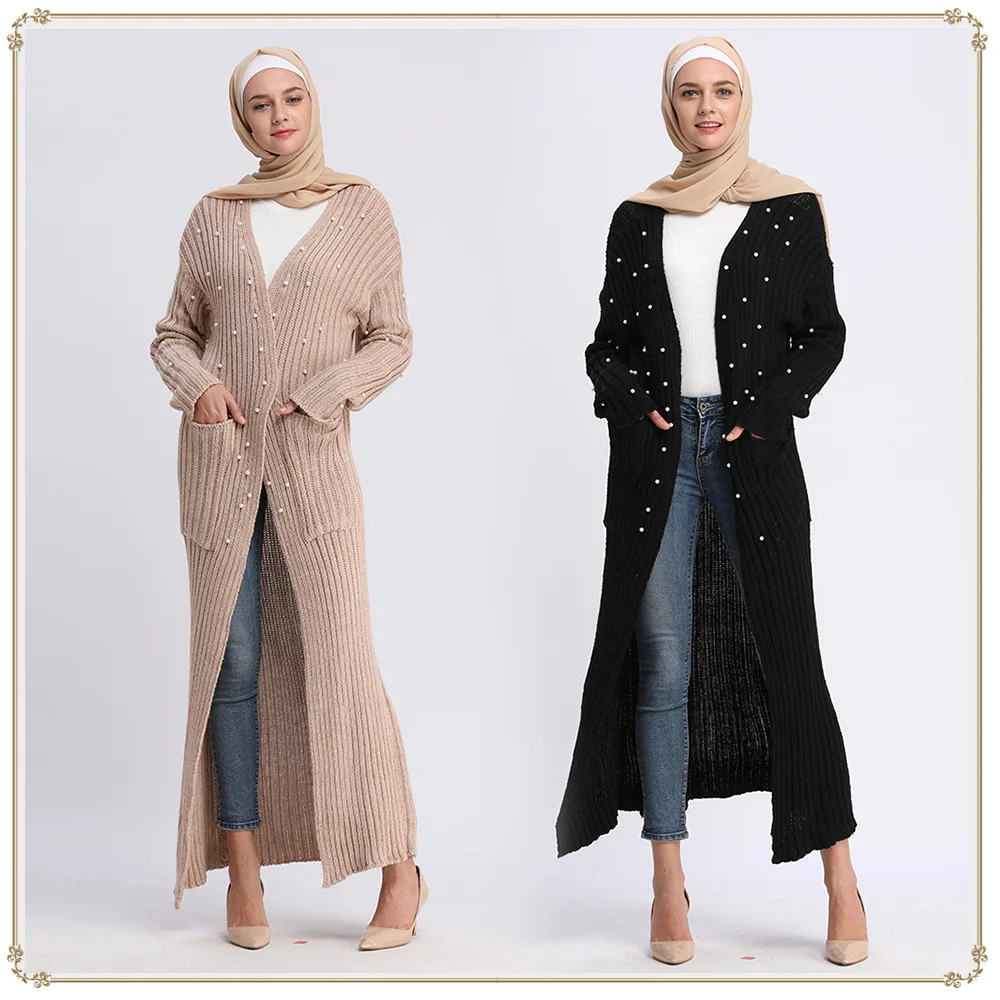 

Abaya Dubai Turkey Sweater Knitted Pearls With Hijab Muslim Dress Abayas For Women Qatar Jilbab Caftan Turkish Islamic Clothing