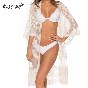 

Long Tunic White Women Lace Floral Kimono Beach Long Dress Cover Ups Sexy Bikini Cover Up See Through Look Vintage Beach Wear