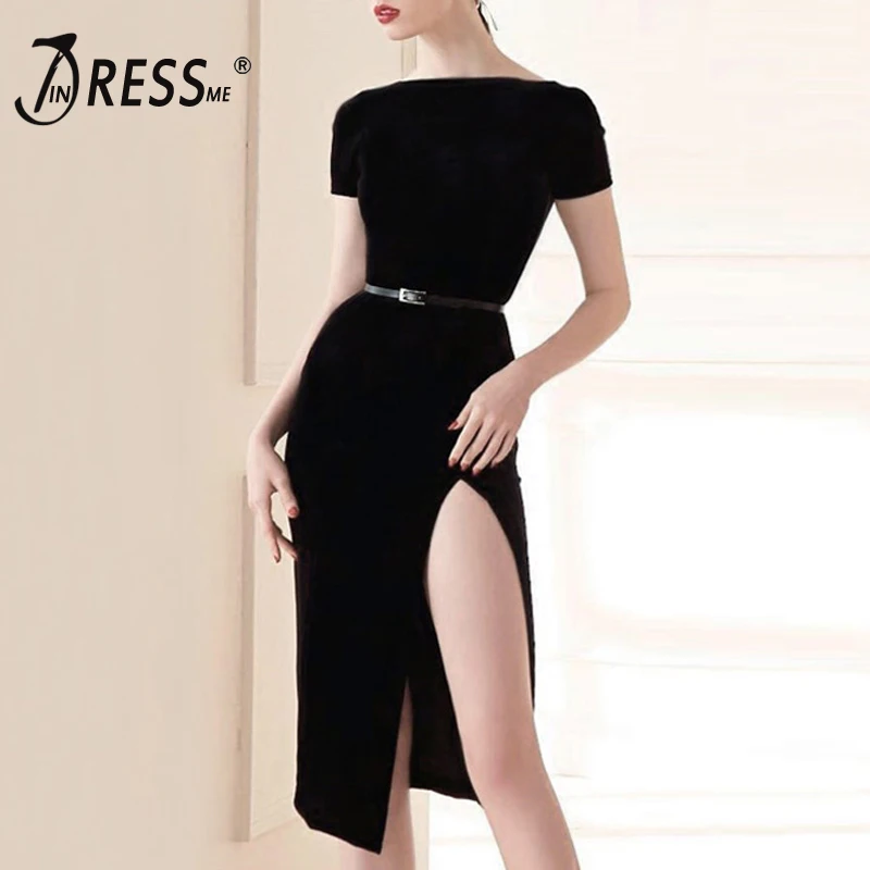 INDRESSME сексуальное однотонное платье до колена с вырезом лодочкой модное