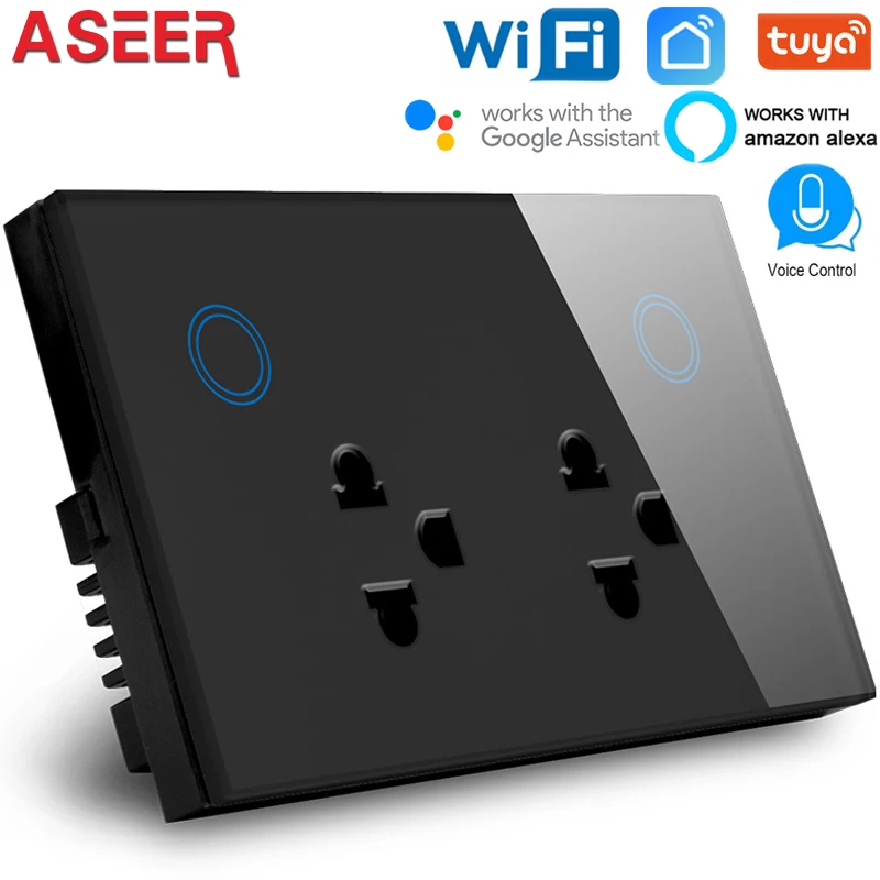

ASEER,Smart 3 Pin Double WIFI Socket 10A for Thailand,Touch Glass panel WIFI Outletl,Voice and APP control by Alexa & Google