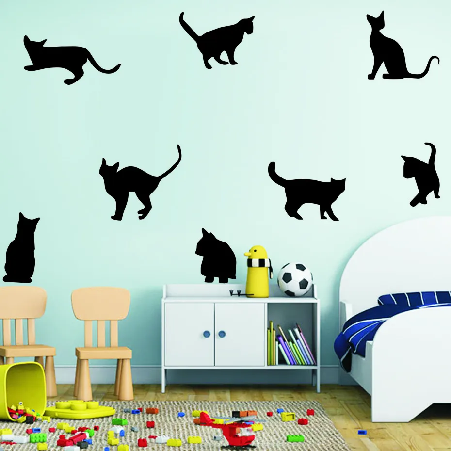 Lovely 9 Black Cute Cats Wall Stickers Cat Animals Wall Decals Girls Vinyl Home Decor Living Room Children Room Art Murals