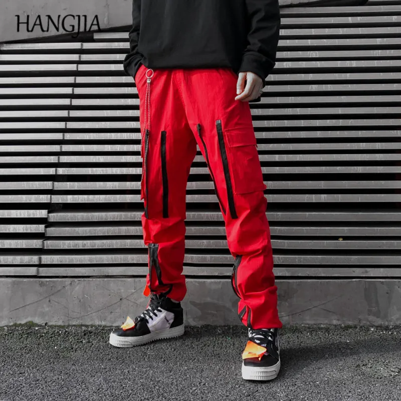 Red Function Multiple Zipper Cargo Pants Men Harajuku Hip Hop Multi-pocket Casual Pants Youth Personality Straight Trousers