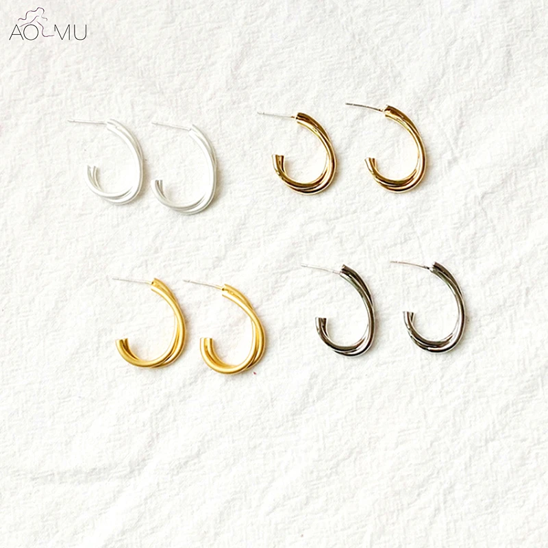 

AOMU New Prevent Allergy S925 Sterling Silver Pin Copper Plated Matte Metal Gold Silver Distorte C shape Hoop earrings for Women