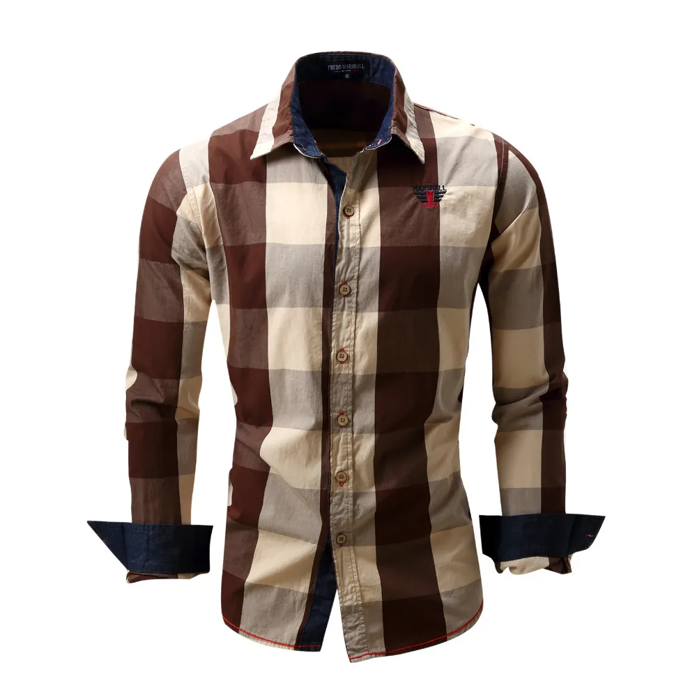 Classic Men Fashion Long Sleeve Plaid Grind Shirts Camisa Turn-Down Collar Breathable Cotton Shirts Tops