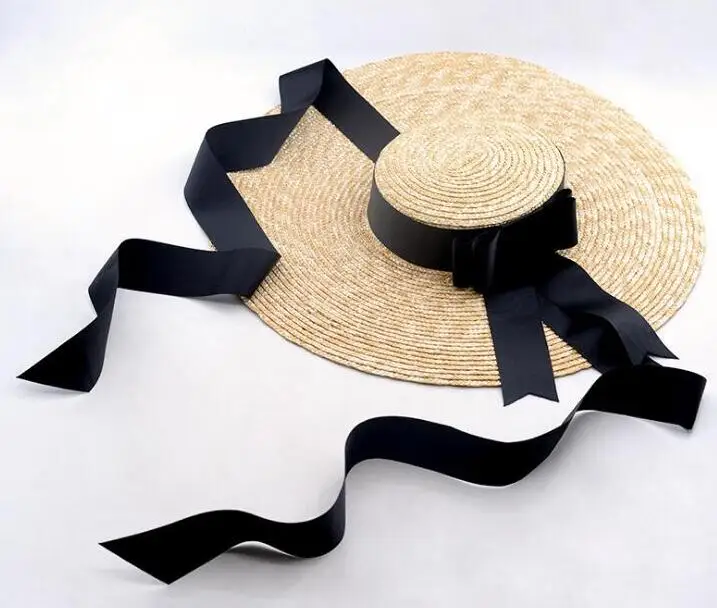 Популярная широкополая соломенная шляпа из пшеницы, женские шляпы с большими полями и бантом из ленты, элегантная женская летняя пляжная шляпа от солнца - Цвет: natural 18cm