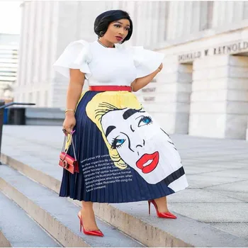 

High Quality New Arrival Elegant Beauty Lady Cartoon Head Printed Pleated Long Skirt Commuter Party Holiday