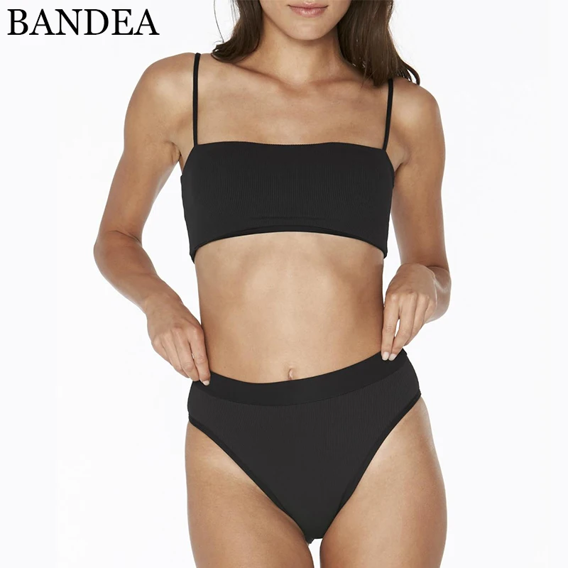 

BANDEA Bandeau Bikini Set High Waist Swimwear Black Solid Biquini Back Tie Women Swimsuit Beach Bathing Padded Swimming Wear
