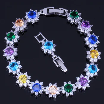 

Gorgeous Round Multigem Multicolor Cubic Zirconia Silver Plated Link Chain Bracelet 18cm 20cm V0064