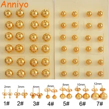 Anniyo 12 пар/лот, 2 мм/3 мм/4 мм/6 мм/8 мм/10 мм/12 мм бусины Серьги для женщин девочек, золотой цветной шарик серьги#198406