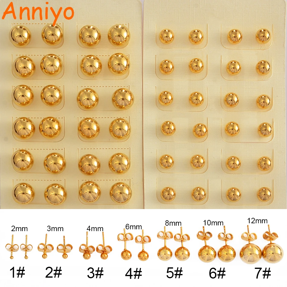 

Anniyo 12pairs/Lot,2mm/3mm/4mm/6mm/8mm/10mm/12mm Beads Earrings Women Girls,Wholesale Gold Color Ball Earrings #198406