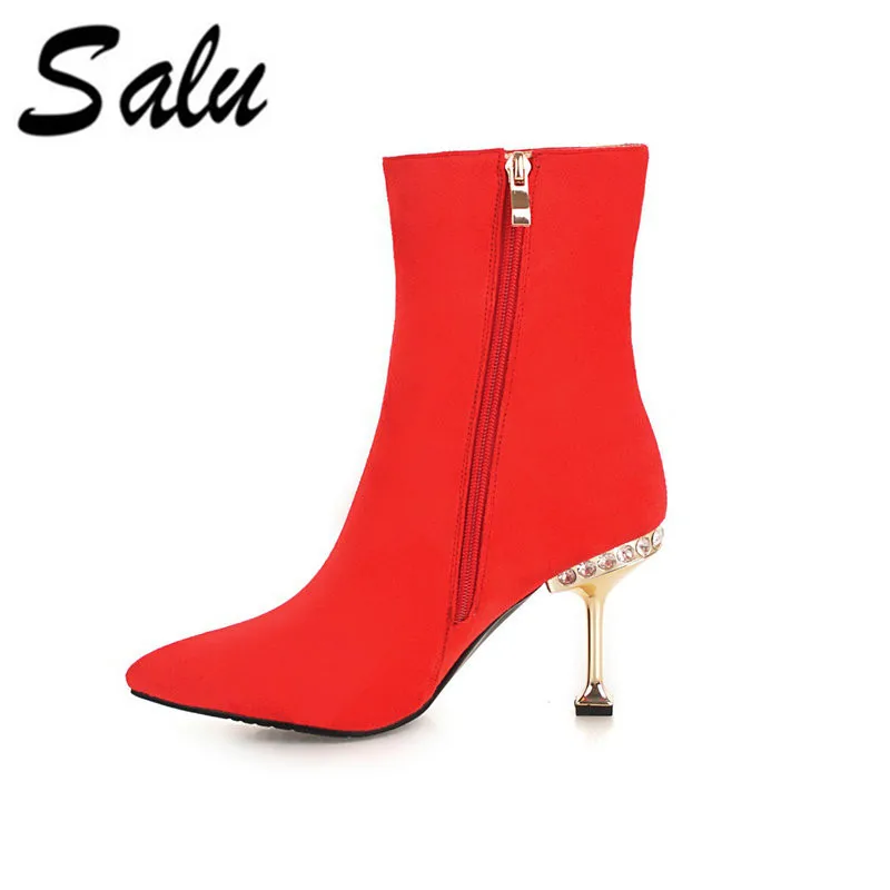 

Salu Ladies High Heels Boots Sexy Black Sheep Suede Shoes Warm Wool Fur Ankle Boots Winter Women's Boots Genuine Leather