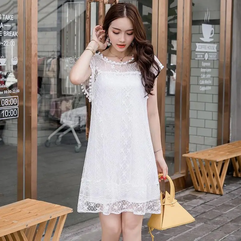 

Summer Dress Elegant Lace Short Sleeve Mesh Dress Women