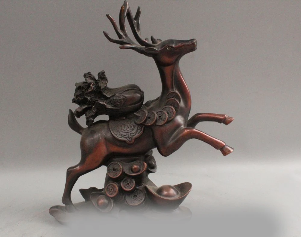 

11" China Folk Bronze Fu Money Wealth Spotted Deer Cabbage longevity Statue
