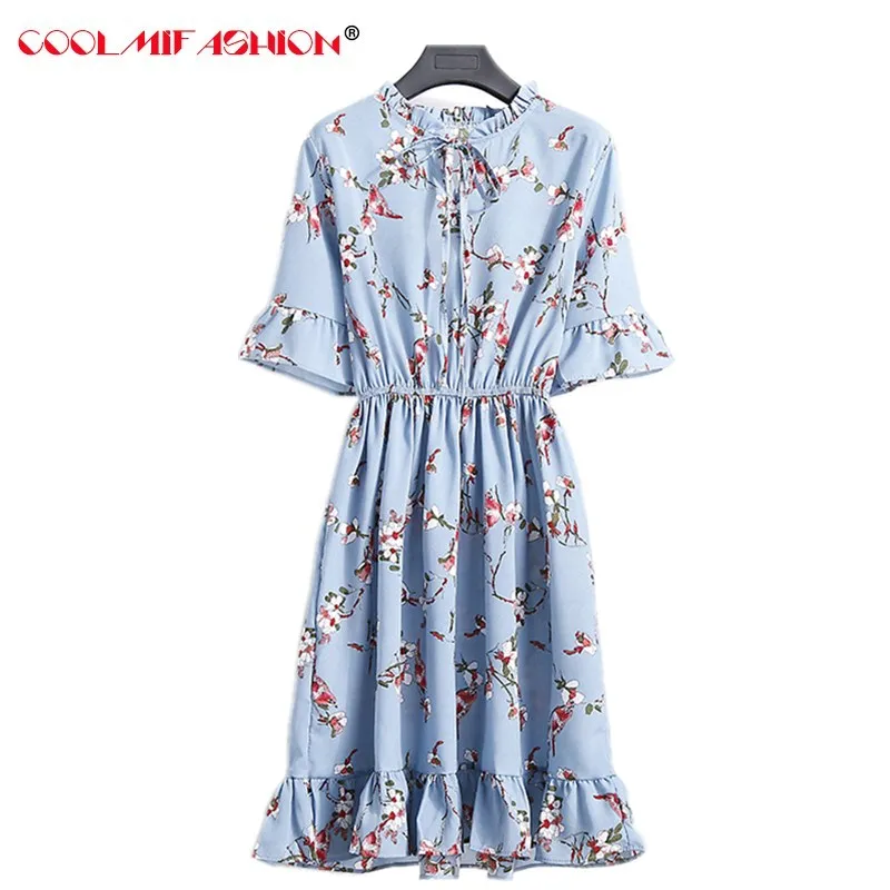 

CooLMiFashion Floral Summer Dress Women Print Lace-Up Wrap Ruffles Tunic Chiffon Dresses Casual Vacation Beach Dress robe femme
